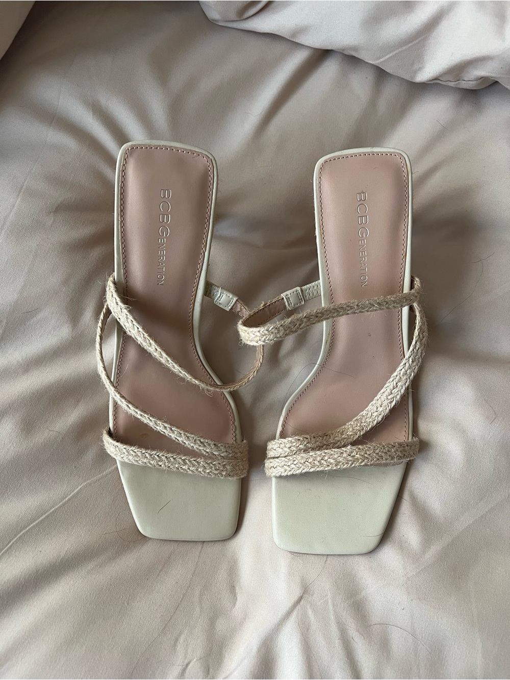 BCBGeneration Cream Braided-Strap Square Toe Slide Sandals